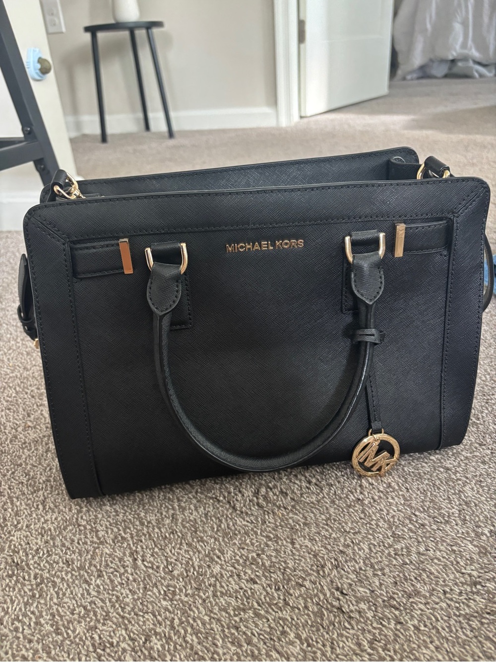 Michael Kors Black Saffiano Leather Satchel with Gold Hardware